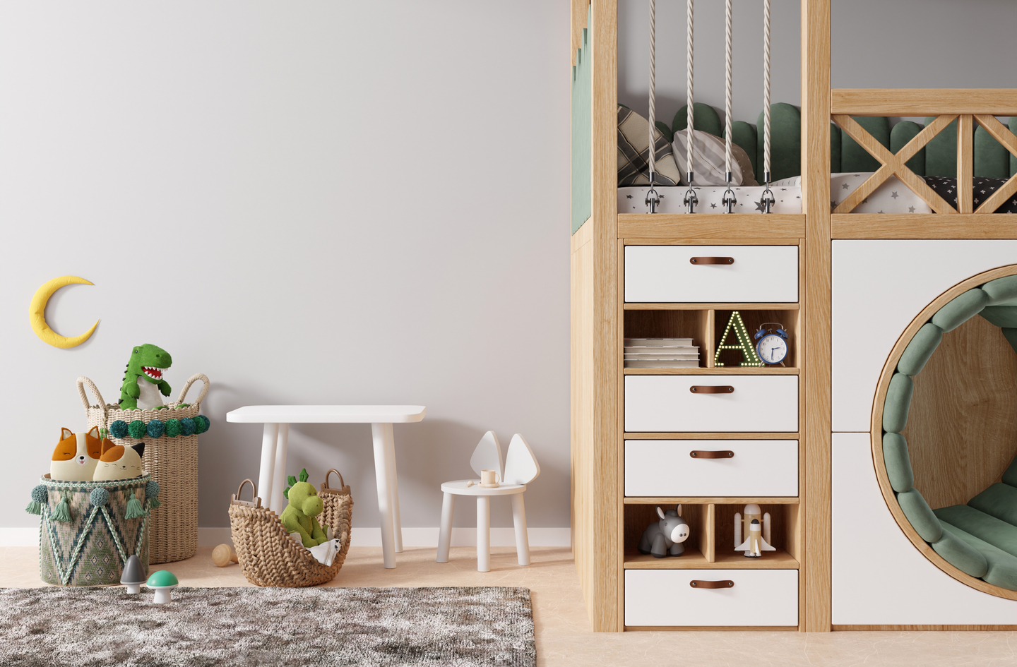 Small loft playroom ideas: a wooden loft bed with built-in storage above and a defined play area with small table, chair, and soft rug on the floor below