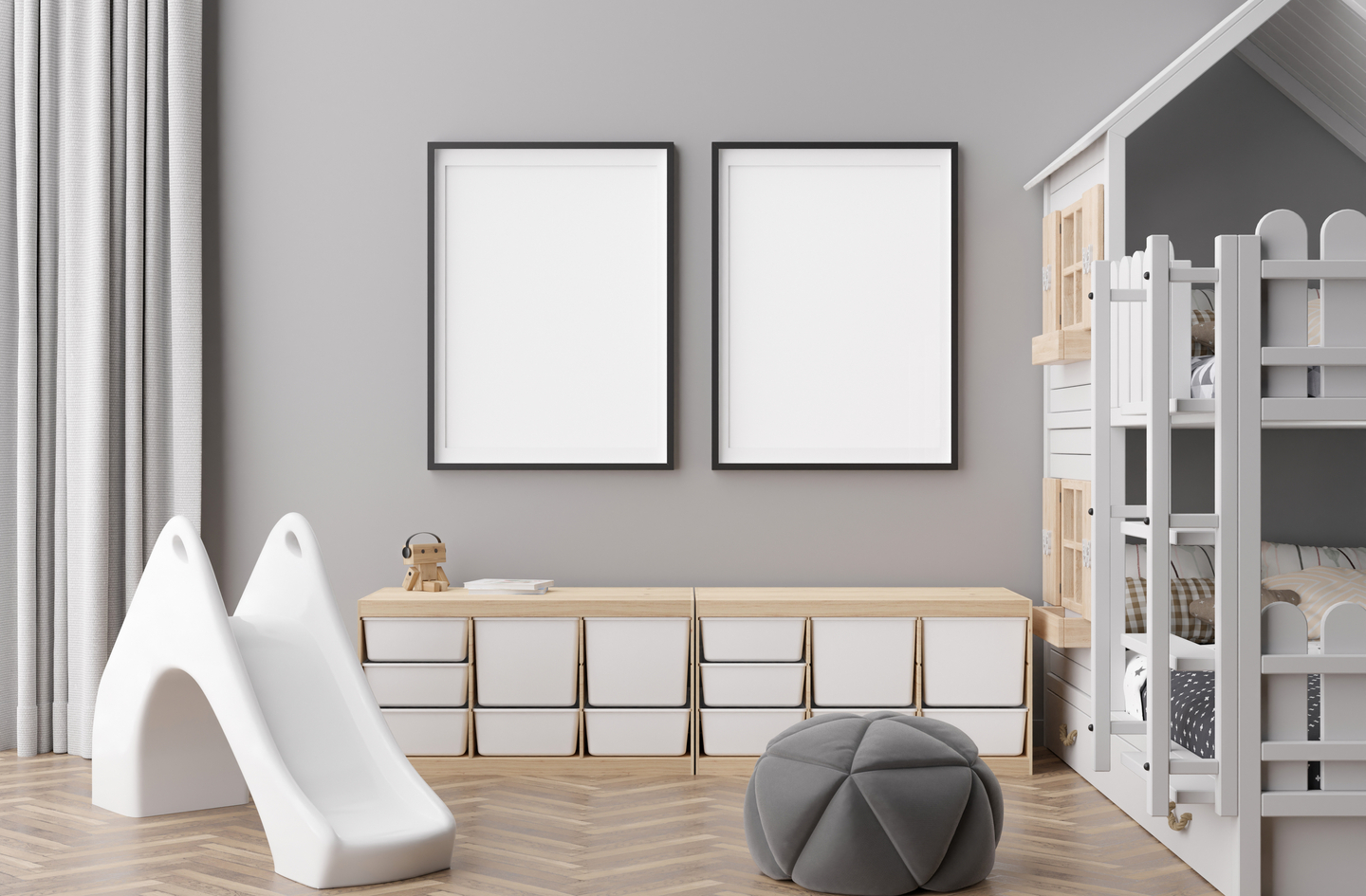 A minimalist playroom with a house-shaped bunk bed and small slide, open floor area, and storage cubbies pushed to the perimeter wall showing buffered movement space