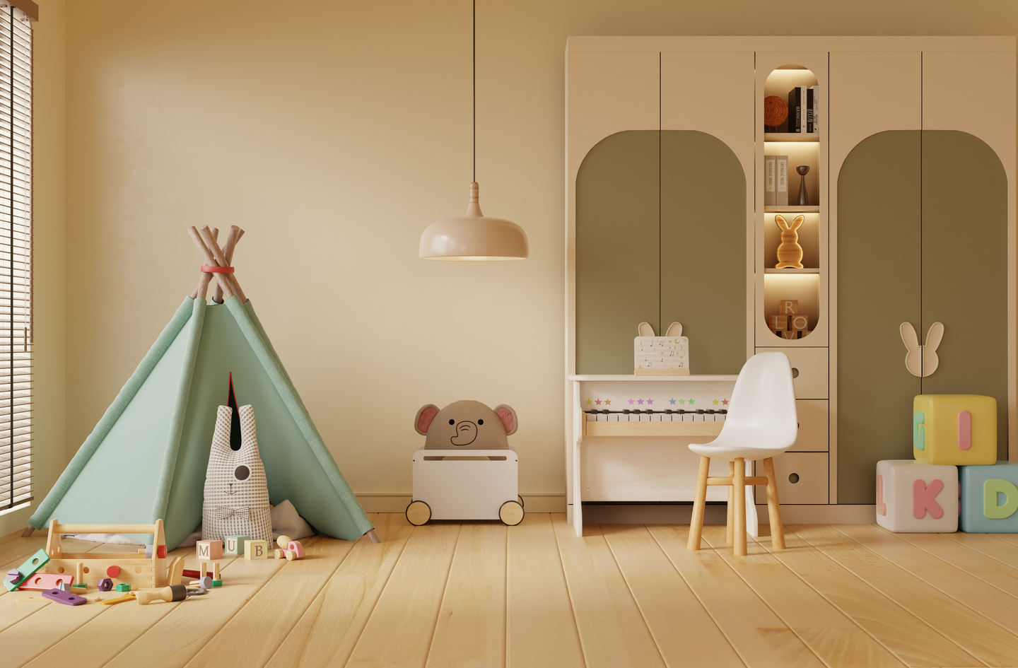A minimal children's playroom with a green teepee in a calm corner, a small white piano near the storage wall, and an earth-tone integrated storage unit, showing how three distinct zones share a compact footprint without visual clutter.