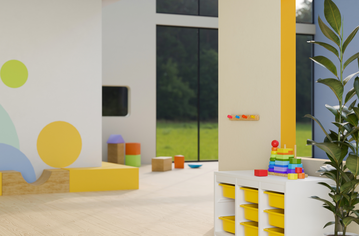 Modern small-space playroom with low perimeter storage units, open bins, and clear central floor demonstrating vertical storage and open-floor layout