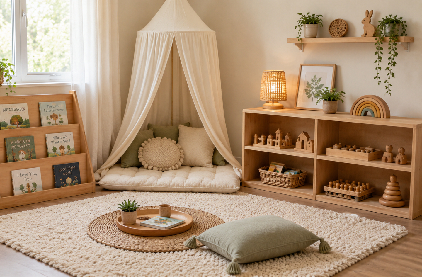 A Montessori-style room with a cream fabric canopy over a reading nook, a natural wooden bookshelf, a textured rug, sage green pillow, and warm ambient lighting