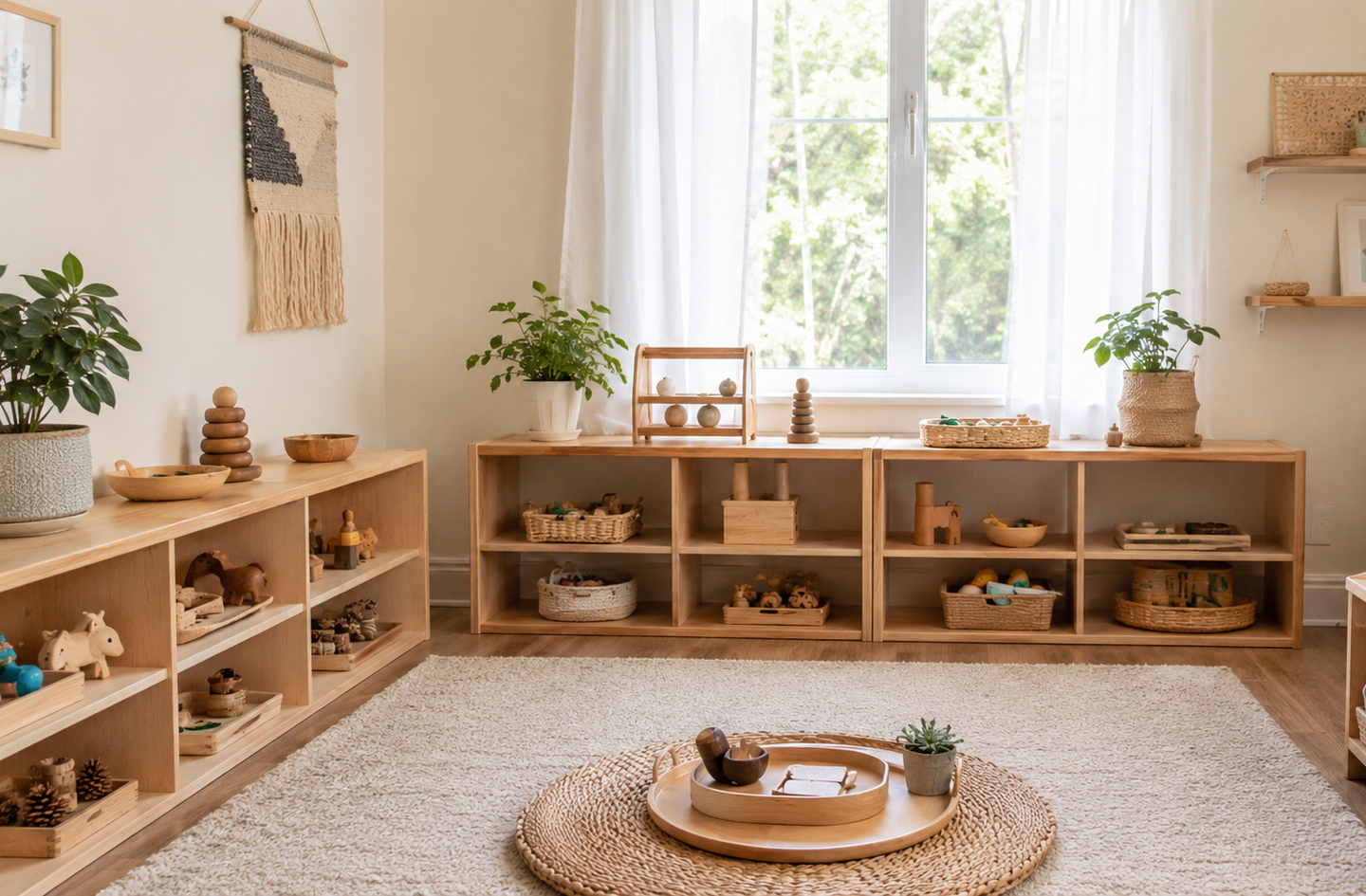 Low wooden Montessori storage shelves with organized natural wooden toys, a small plant, and a circular tray holding a play area on a cream rug