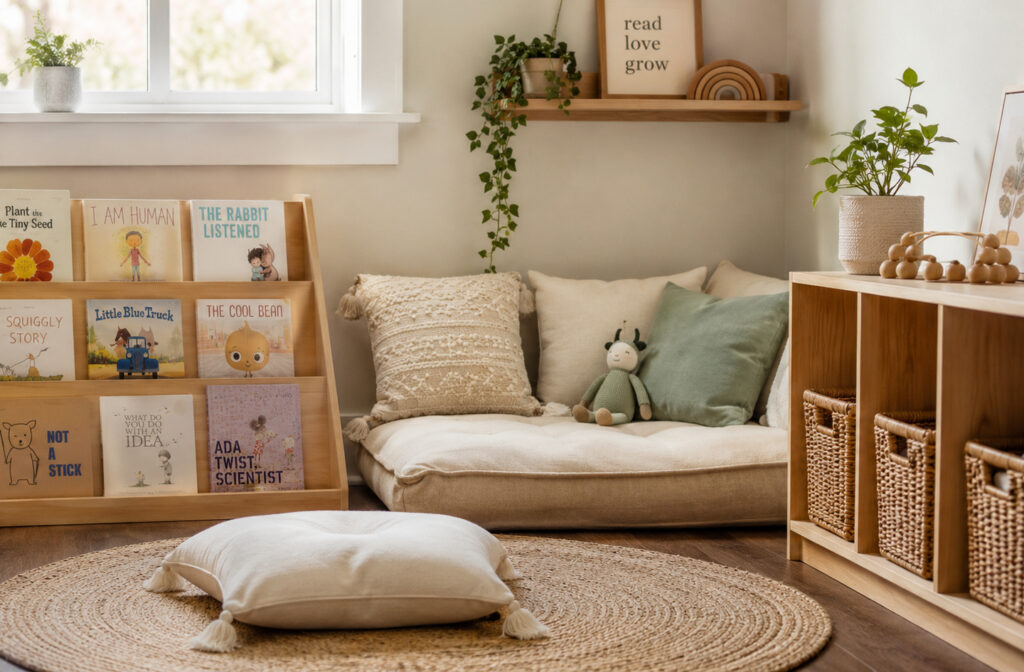 A cozy kids' reading nook with a low-profile floor sofa, plush pillows, a wooden bookshelf with children's books, and a jute rug
