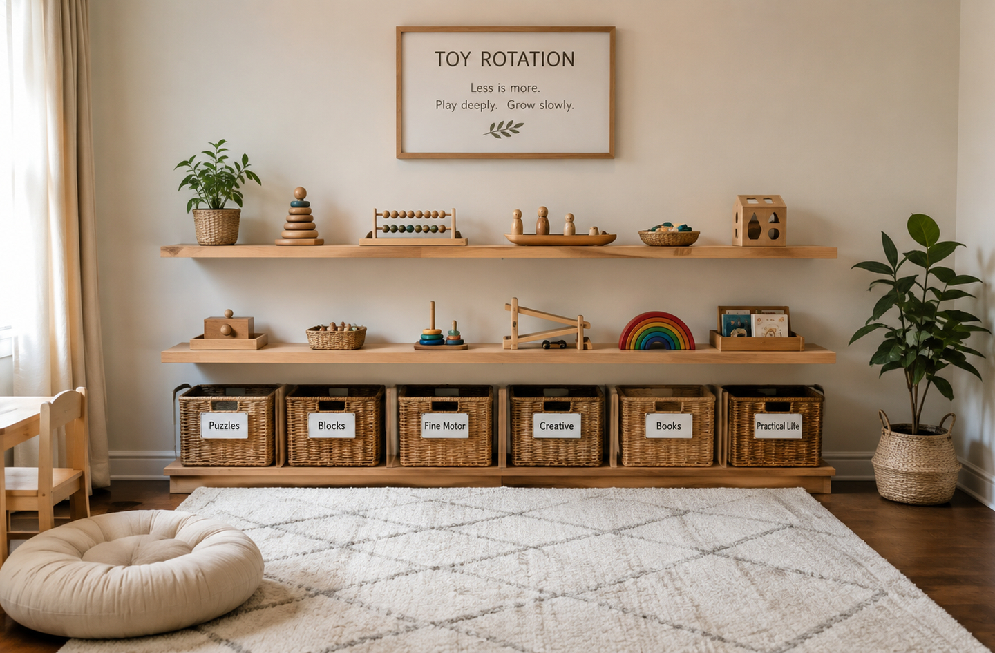 Low open shelving in a Montessori-style playroom with labeled wicker baskets and educational toys organized at child height, with a sign promoting toy rotation on the wall