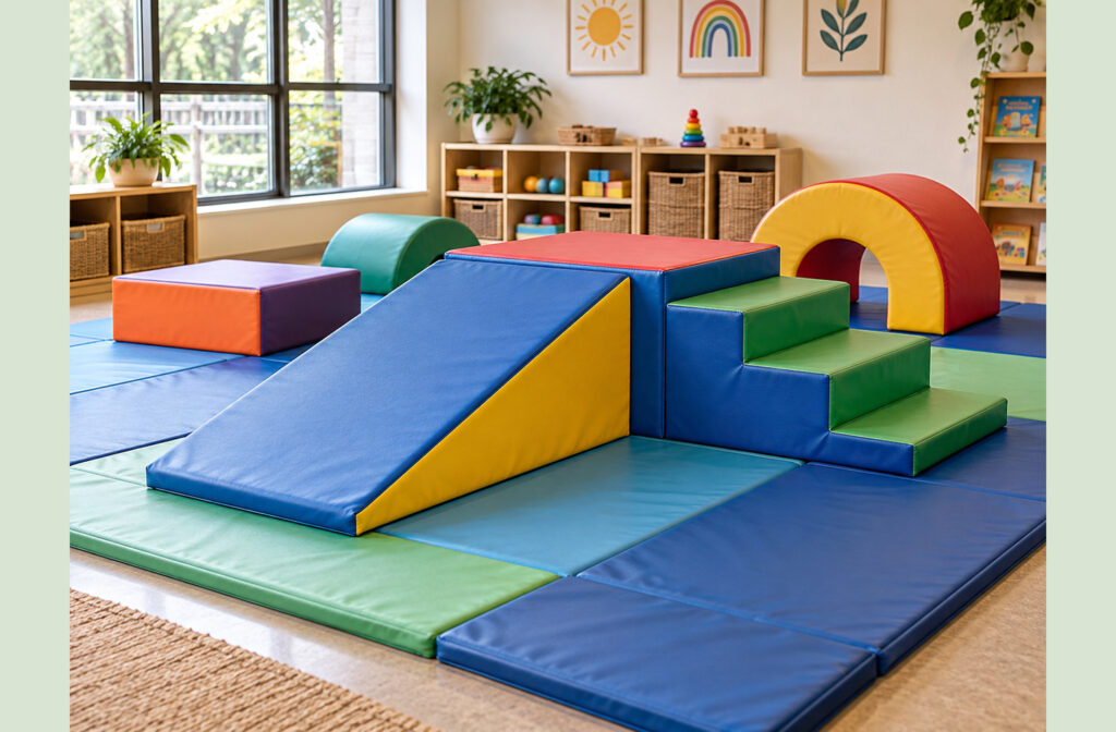Indoor gross motor games for preschoolers zone featuring soft foam climbing blocks, a ramp, steps, and a crawl tunnel arranged on modular floor mats in a bright classroom