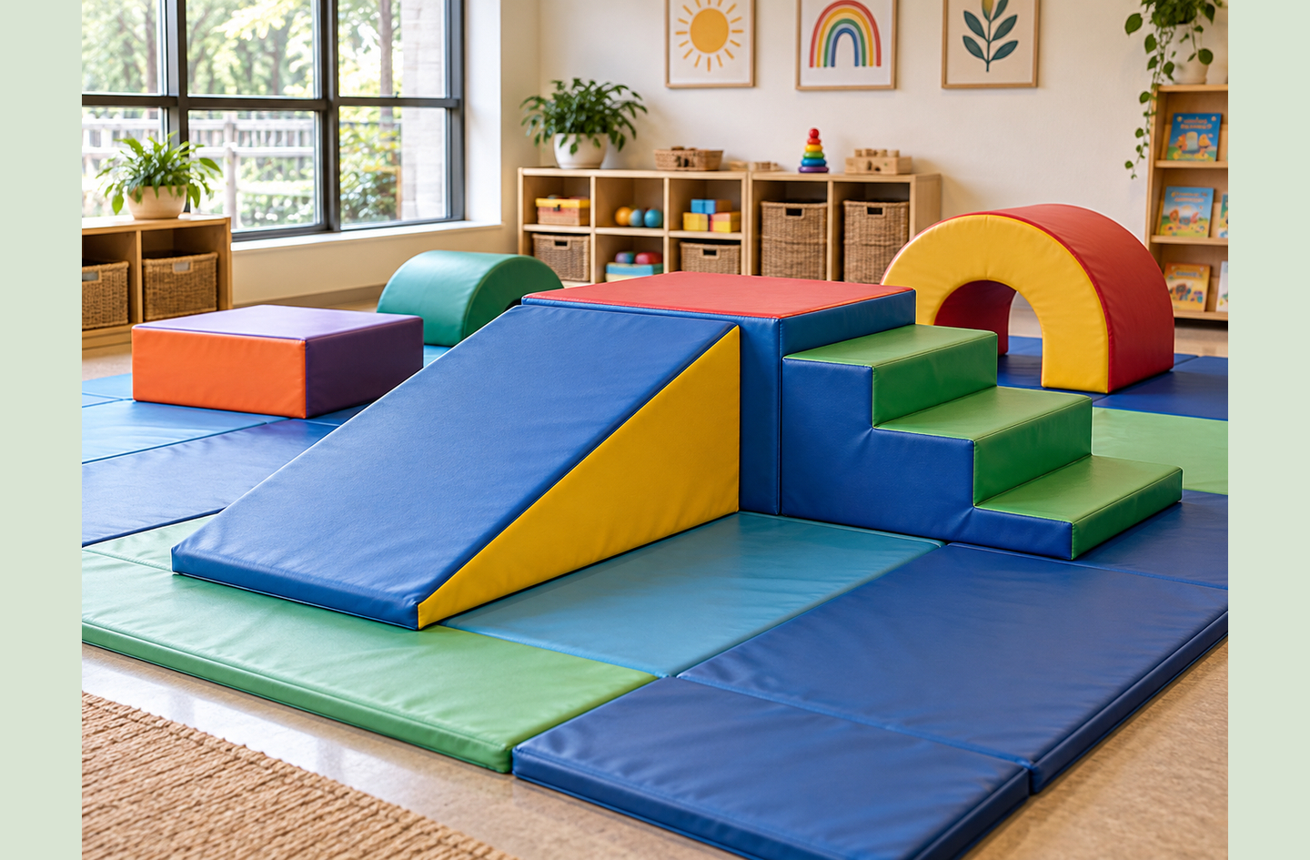 Indoor gross motor games for preschoolers zone featuring soft foam climbing blocks, a ramp, steps, and a crawl tunnel arranged on modular floor mats in a bright classroom