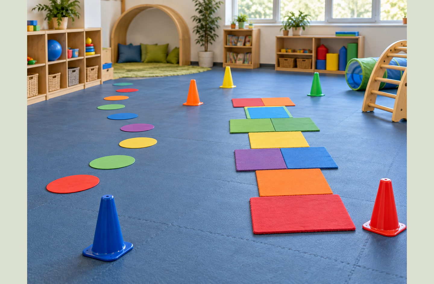Preschool gross motor games zone on a blue floor showing a colorful hopscotch course, a winding path of circular floor markers, traffic cones, and climbing structures arranged for active play
