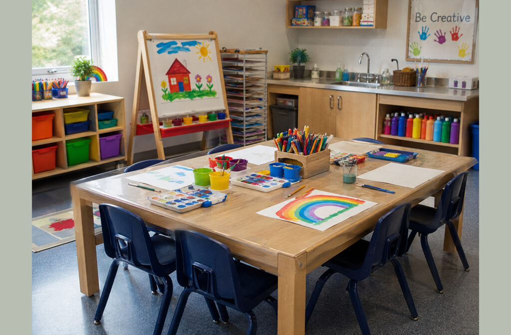 A kids painting station in an indoor playroom with a wooden art table covered in painting supplies, brushes, and colorful drawings, with storage shelves and an easel in the background.