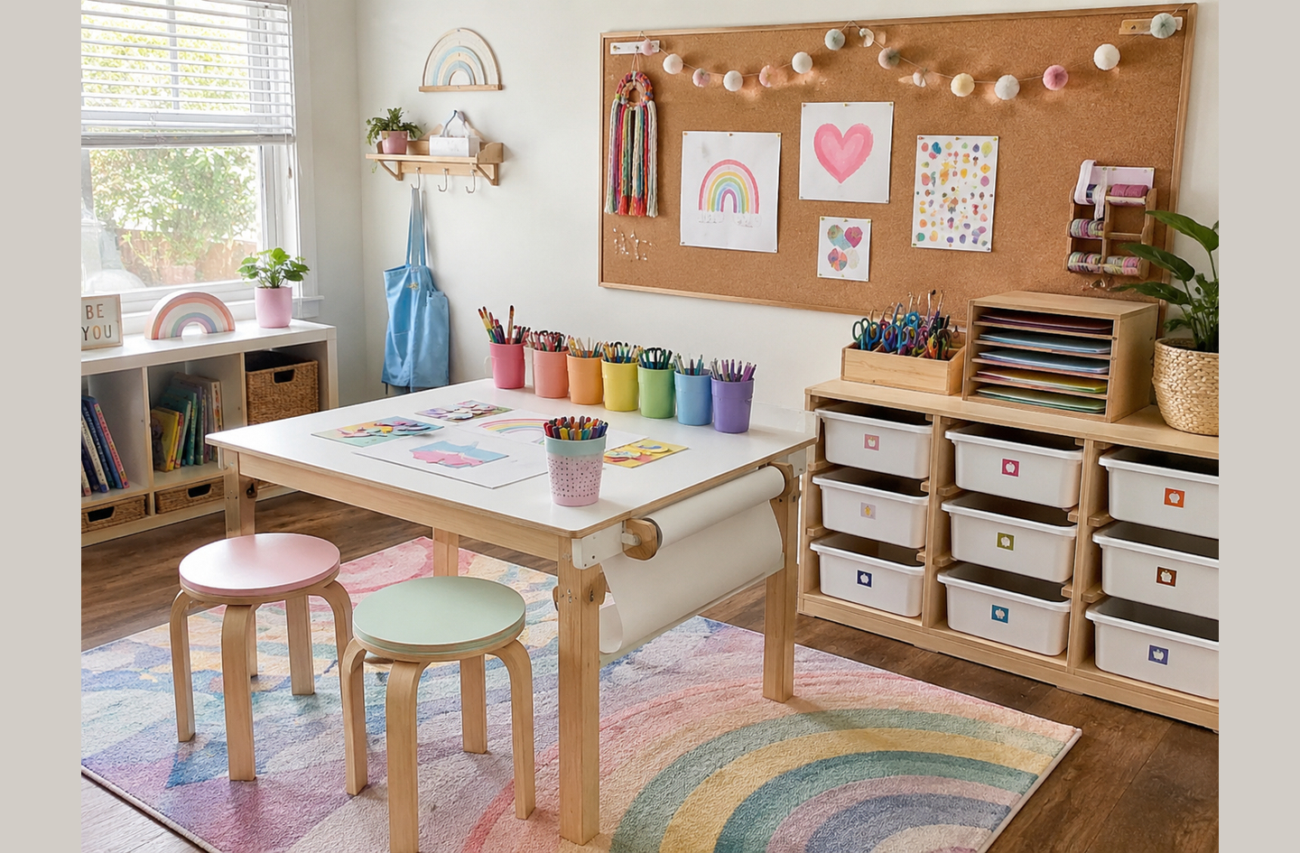 White children's art table with paper roll dispenser, colorful pencil cups, and a corkboard in an organized home playroom craft zone