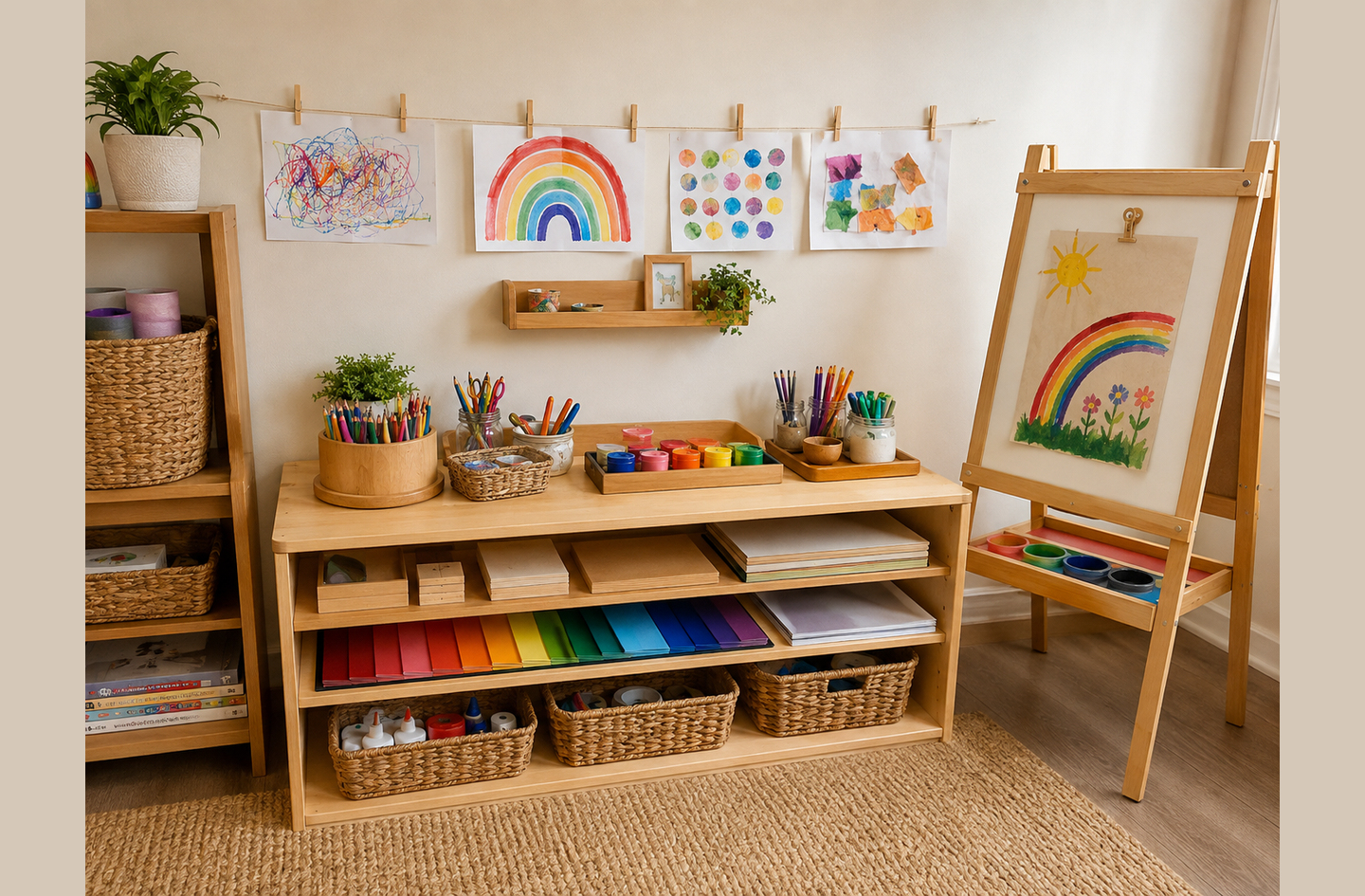 Children's artwork displayed on a string-and-clip line above an organized art station with an easel, baskets, and shelving