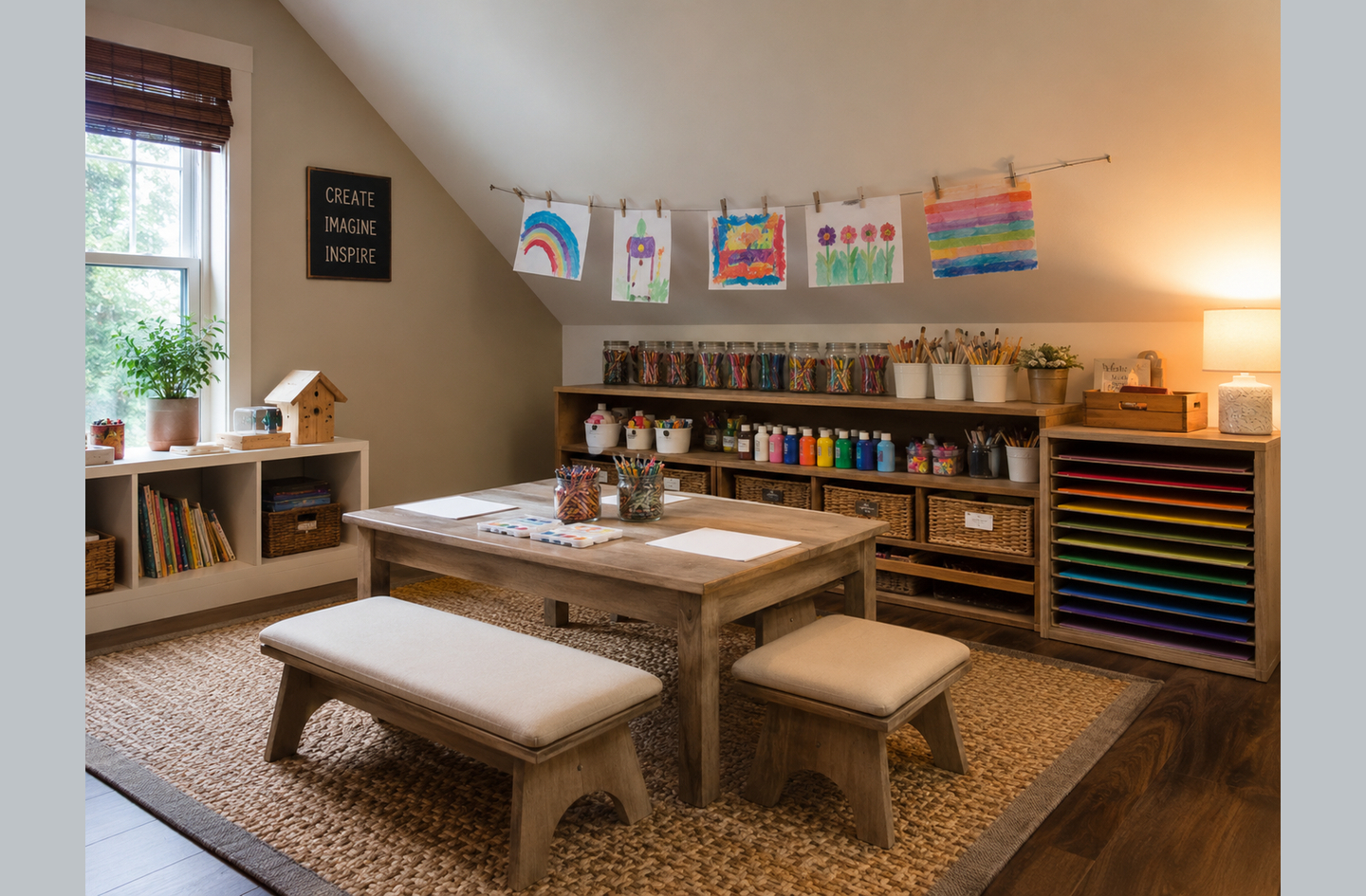 An organized art station set up to demonstrate how to store kids artwork, with a clothesline display for finished work and a vertical paper organizer under a sloped ceiling