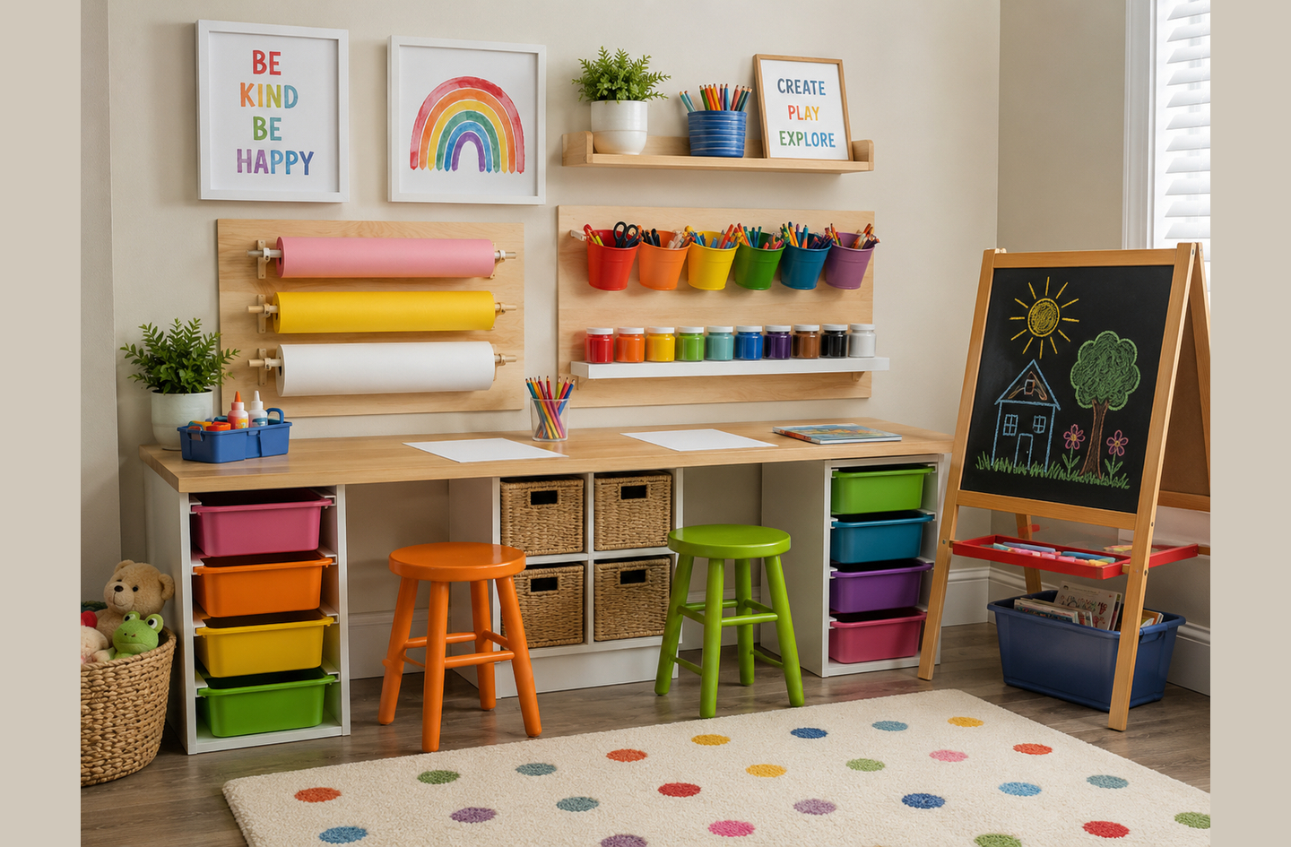 Kids art table with integrated storage bins, wall-mounted paper roll, and two stools set up as a working craft zone in a home playroom