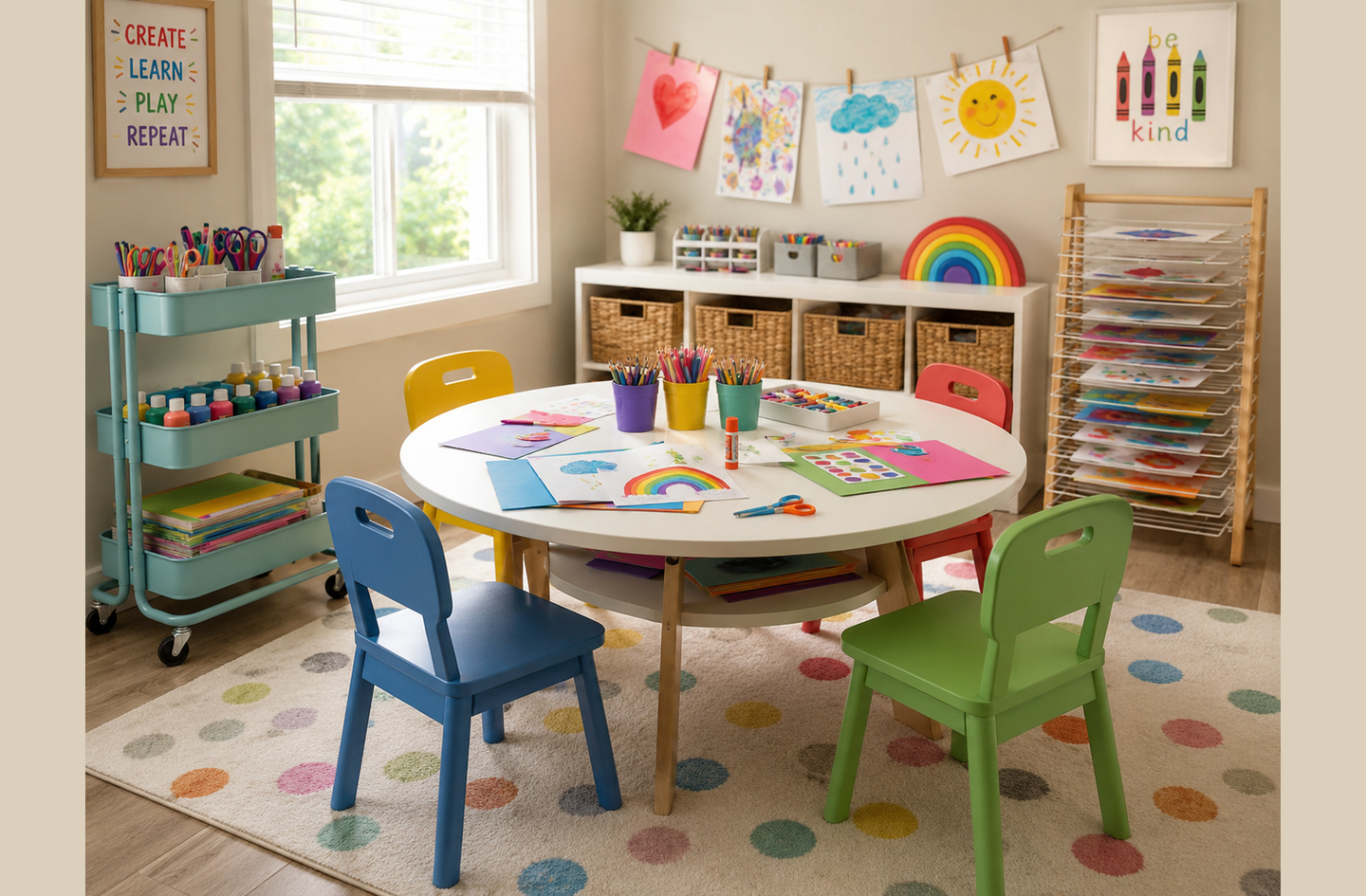 Kids' art and craft station with a white round table, colorful chairs, a rolling storage cart, shelving with baskets, and a wooden drying rack in a home playroom