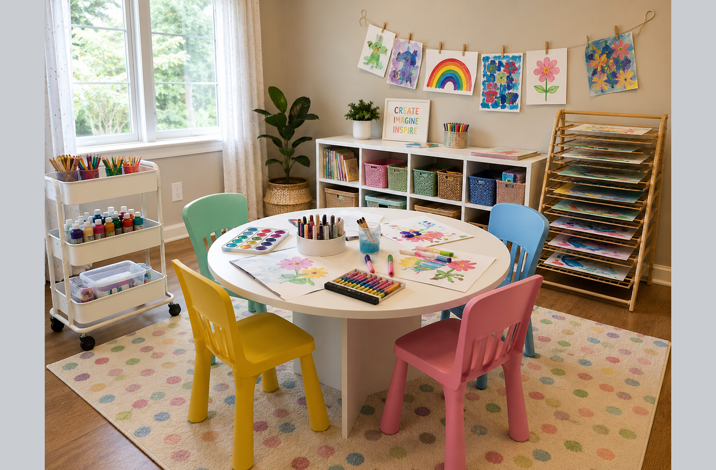 A child-friendly painting area in a home playroom with a white circular table, colorful chairs, a rolling storage cart, and a wooden drying rack filled with children's artwork positioned close to the work surface.