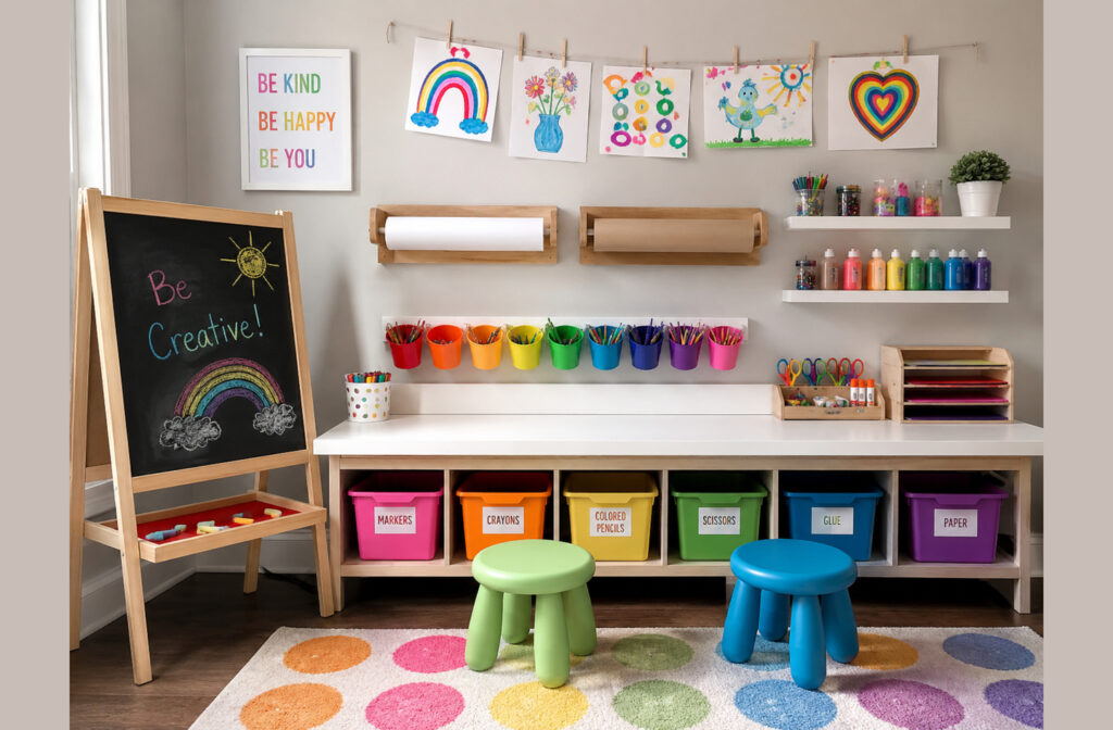 A kids' art and craft station with a white work table, organized color-coded supply cups, dual paper roll dispensers, and a chalkboard easel in a home playroom