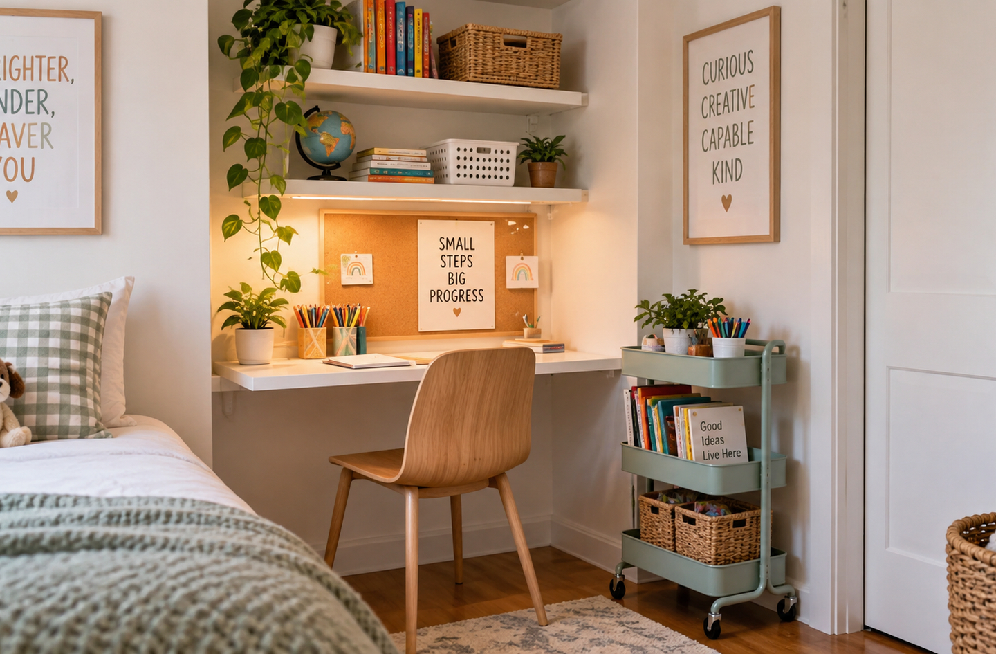 Sage green rolling cart beside a homeschool desk workspace in a wall niche, with books and art supplies organized on multiple tiers