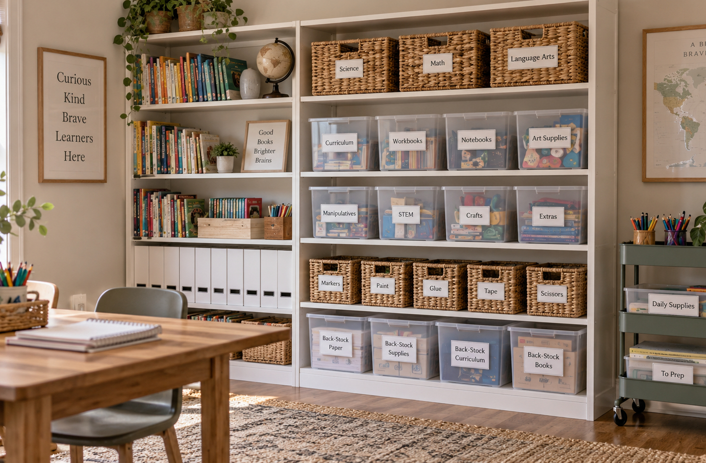 Two tall white shelving units filled with labeled storage baskets and clear bins in an organized homeschool room, with a wooden desk in the foreground and a rolling cart beside it holding daily supplies.