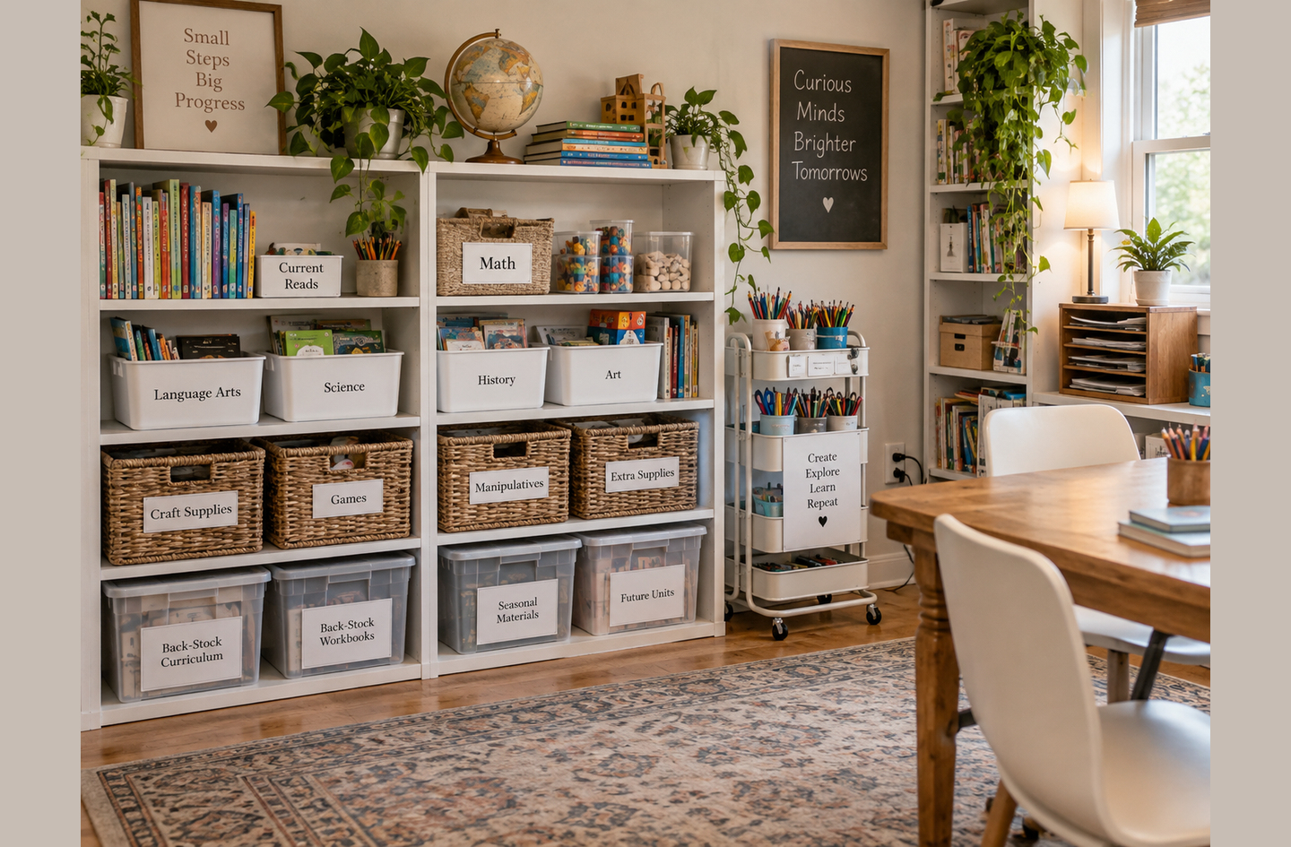 Homeschool without a dedicated room: organized portable learning setup with a rolling utility cart, labeled subject bins, and a shared table workspace