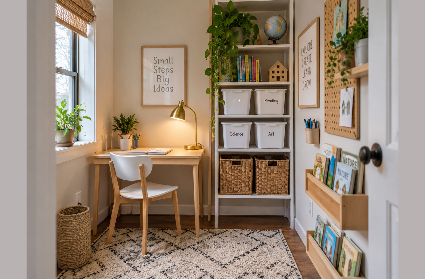 A compact homeschool room ideas for small spaces setup: a minimalist wooden desk with a lamp, labeled storage bins, a pegboard, and educational wall art in a clean, dedicated learning zone.