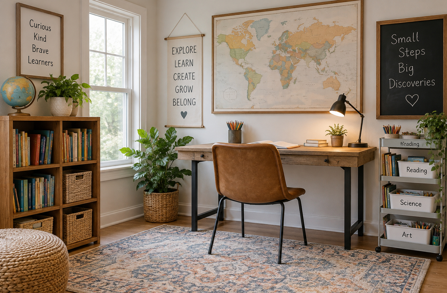 A rolling utility cart beside a wooden desk organizes homeschool supplies in a dedicated learning zone with shelving and a world map on the wall