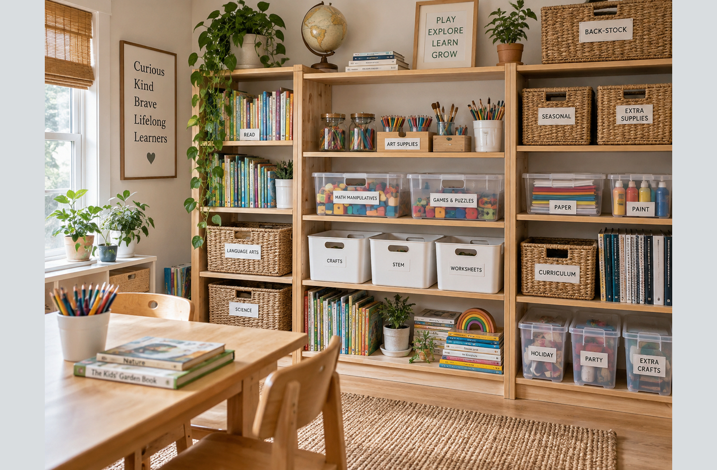 Organized homeschool storage ideas: wooden shelves with labeled baskets, clear bins, and books above a learning table