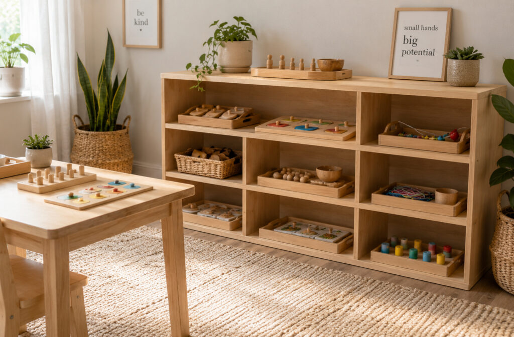 Wooden shelves and a child-sized table in a Montessori playroom, one of many Montessori playroom ideas for a calm prepared environment
