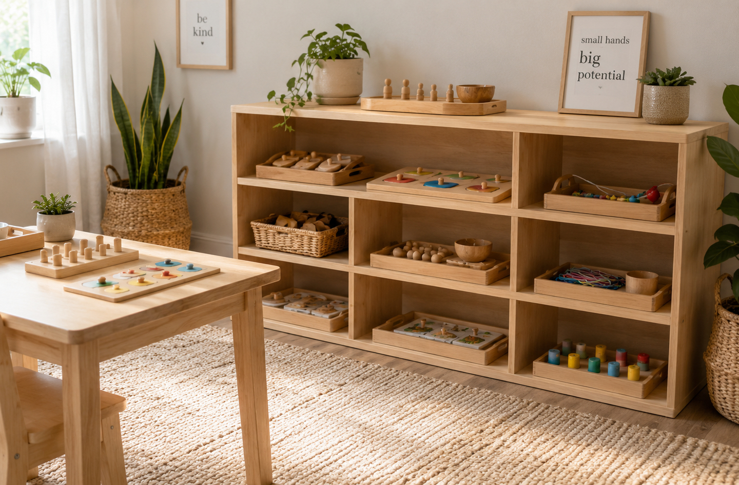 Wooden shelves and a child-sized table in a Montessori playroom, one of many Montessori playroom ideas for a calm prepared environment