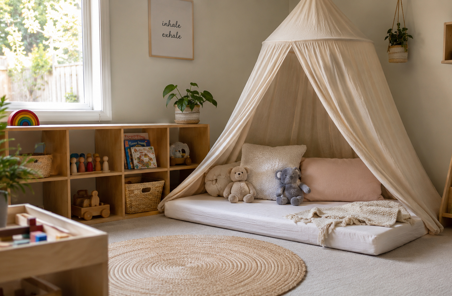 A Montessori playroom with low open shelving, a cushion on the floor, and books arranged at child height for independent access