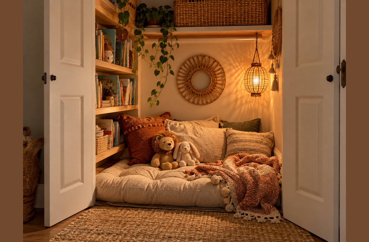 A children's reading nook set inside a closet with a plush floor cushion, soft throw pillows, stuffed animals, wooden shelves filled with books, hanging greenery and a low-hanging rattan pendant light.