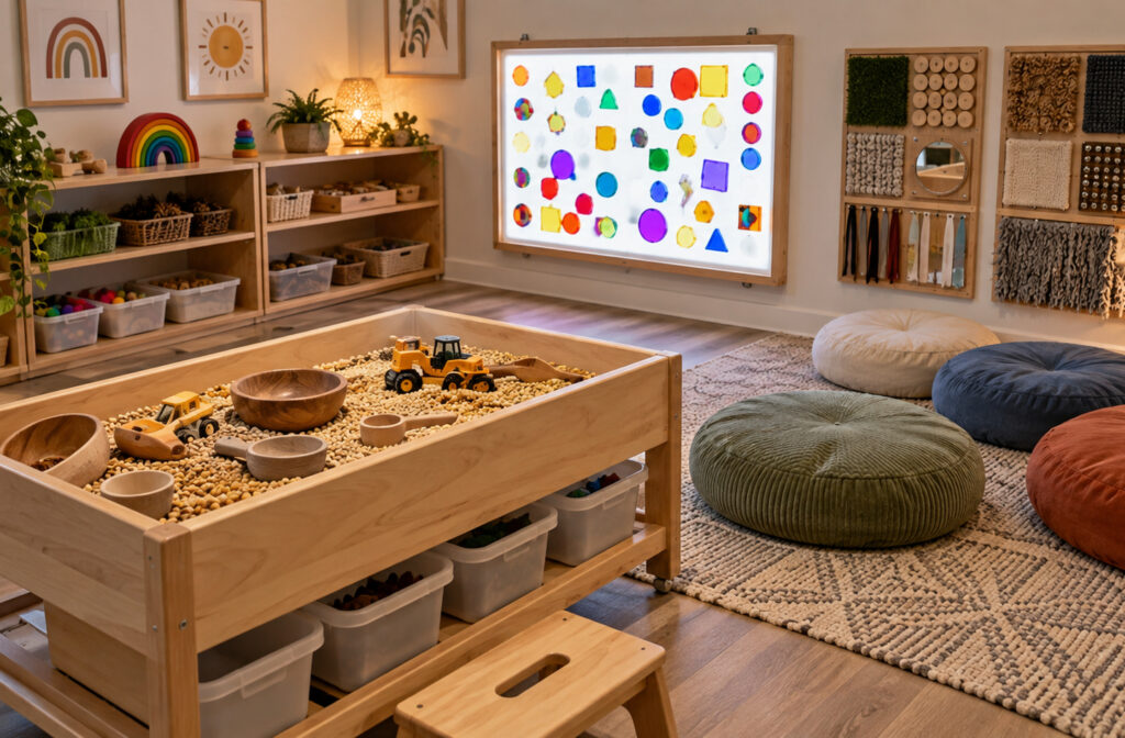 Sensory play space with a wooden sensory table of chickpeas, construction vehicles and wooden bowls, clear storage bins beneath, a mounted light table and textured wall panels