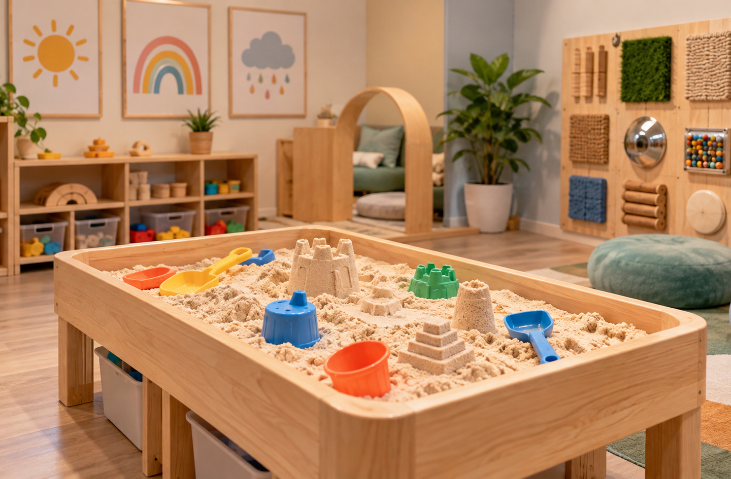 A child-sized sensory table filled with kinetic sand and equipped with molds and tools, in an indoor play space with wall-mounted sensory activities and a reading nook.