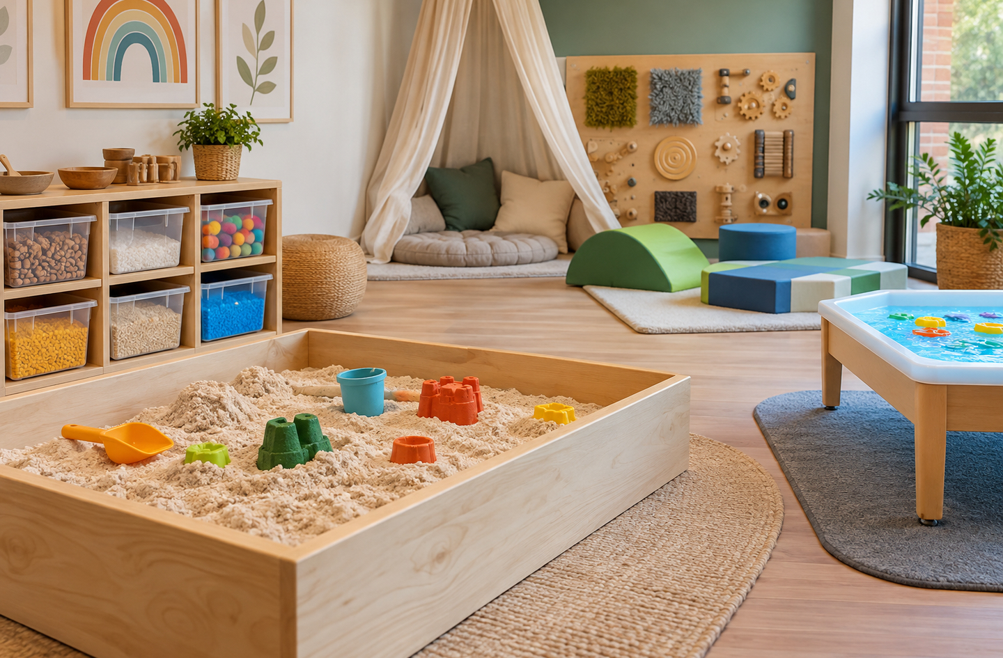 Low wooden sand table with plastic molds and a shovel beside a water table, with shelves holding bins of sensory materials