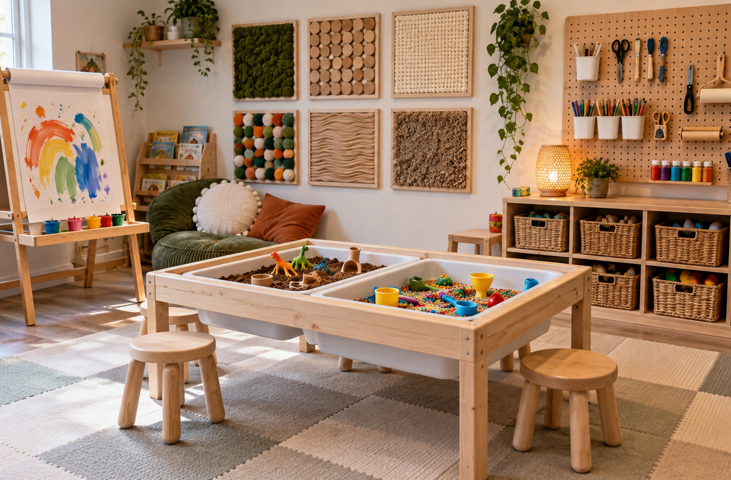 A wooden sensory table with dual bins on a checkered rug, one side filled with dirt and toy dinosaurs and the other with colorful sensory rice.