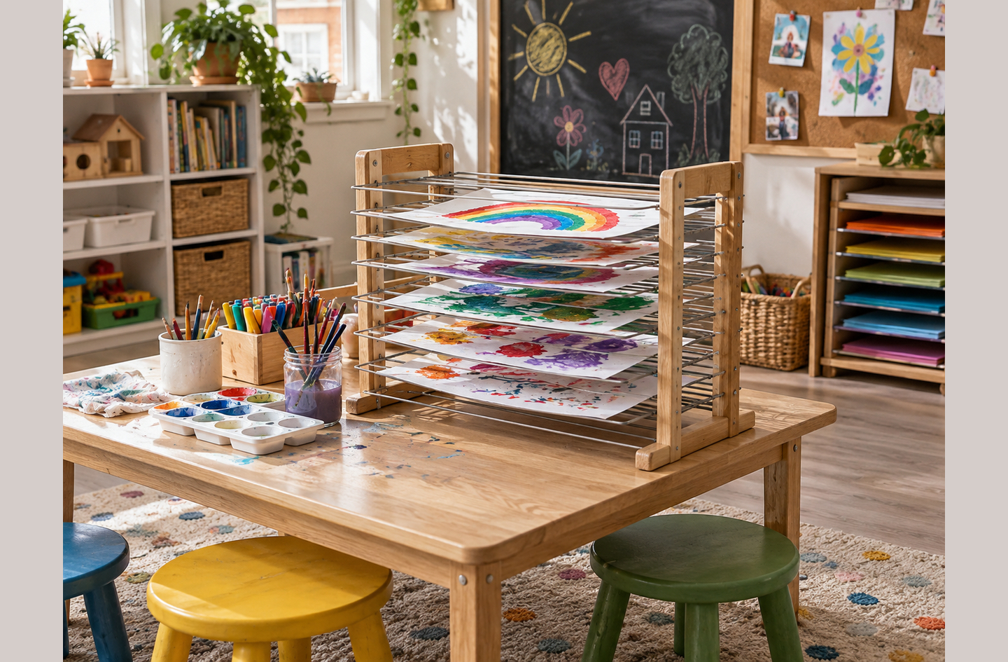 A tabletop drying rack of wood and wire on a children's craft table, holding several paintings beside paint trays, brush jars and colored stools.