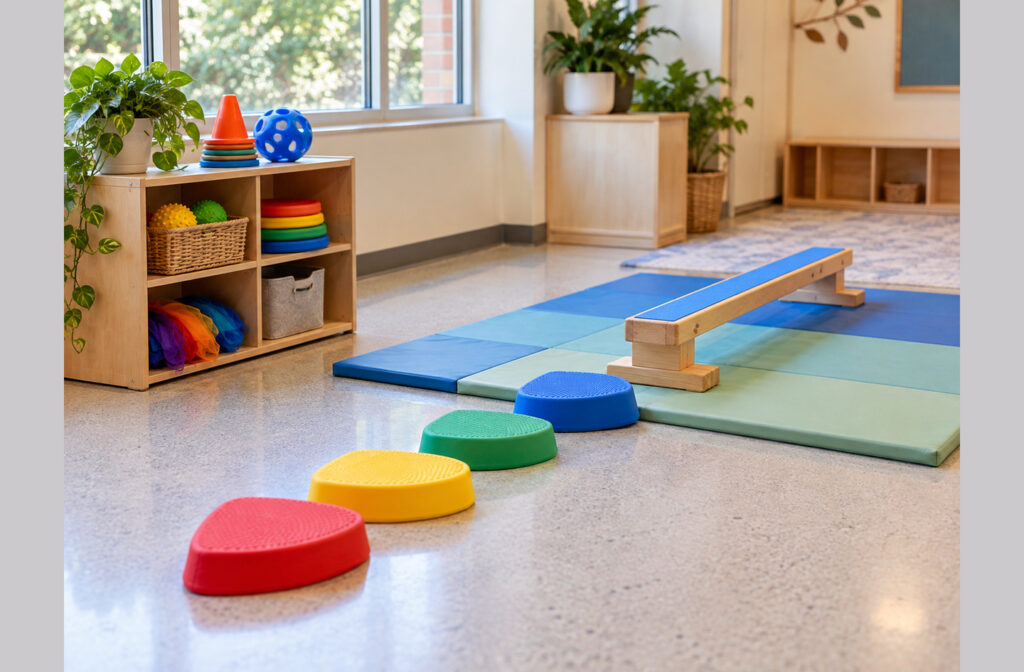 Indoor active-play zone with a balance beam on interlocking foam mats, textured stepping stones, and a low wooden shelf holding rings and sensory balls