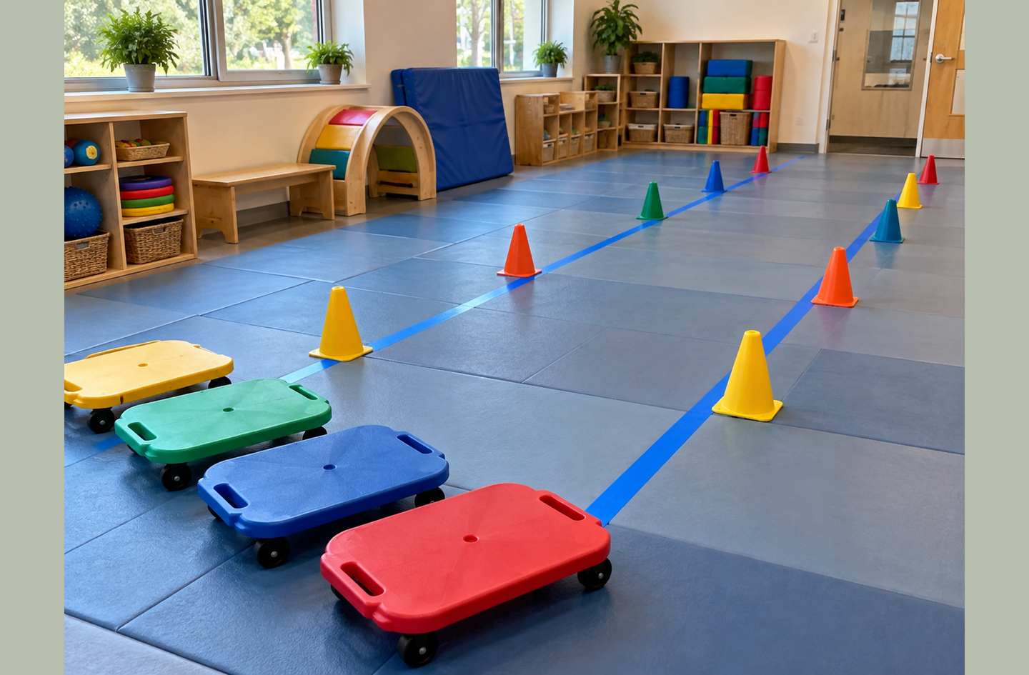 Indoor active-play zone obstacle path with four wheeled scooter boards, traffic cones, and blue floor tape lines on a mat floor
