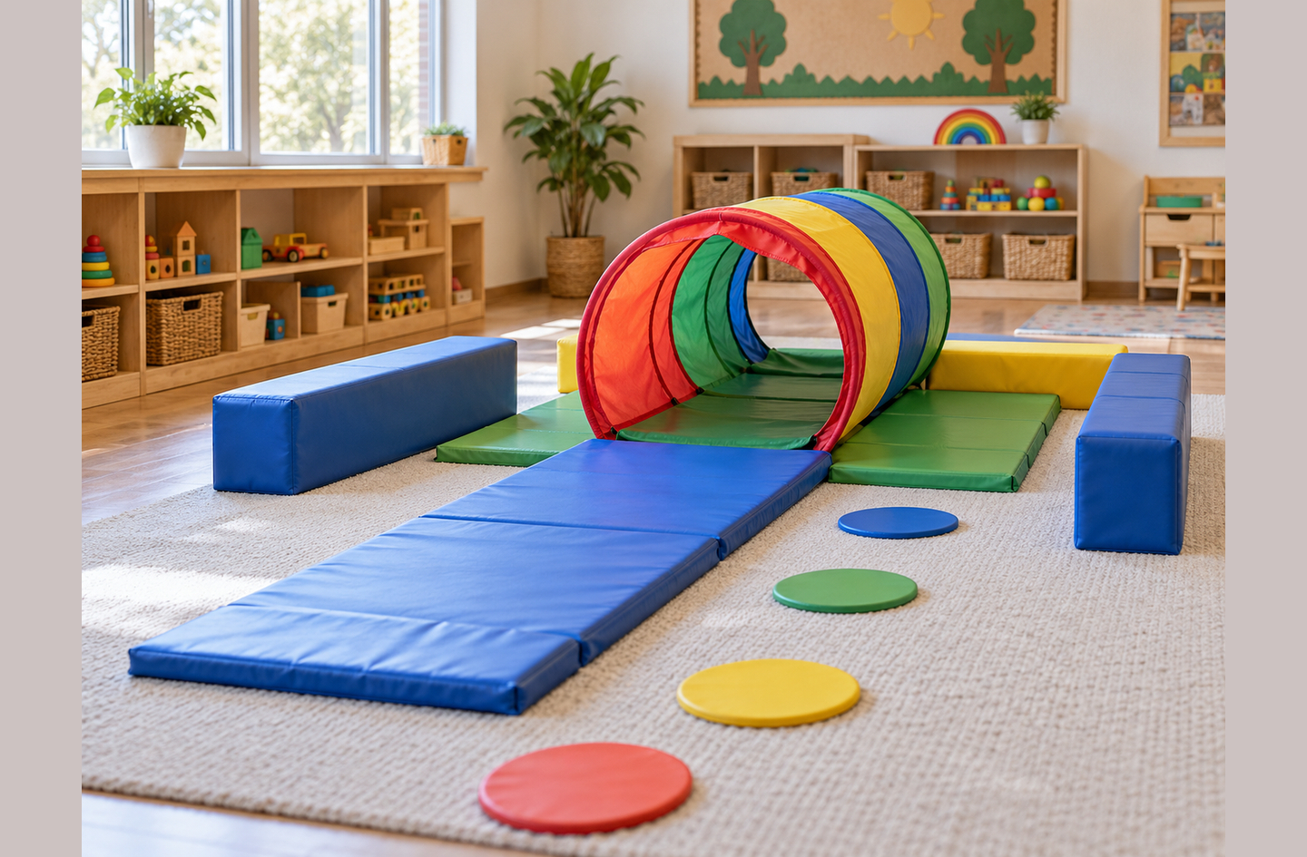 Mixed playroom surfaces: green floor mats under a crawl-through tunnel with foam blocks beside a textured rug