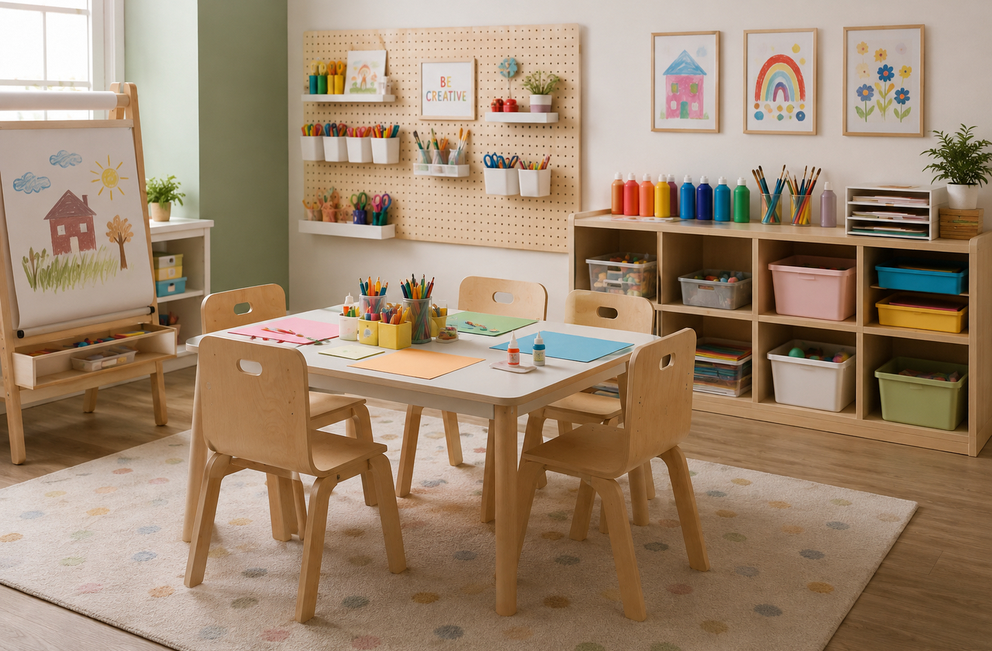 Art and craft station in a home playroom with a light wood activity table, pegboard supplies, open shelving bins, a drying easel and children's artwork