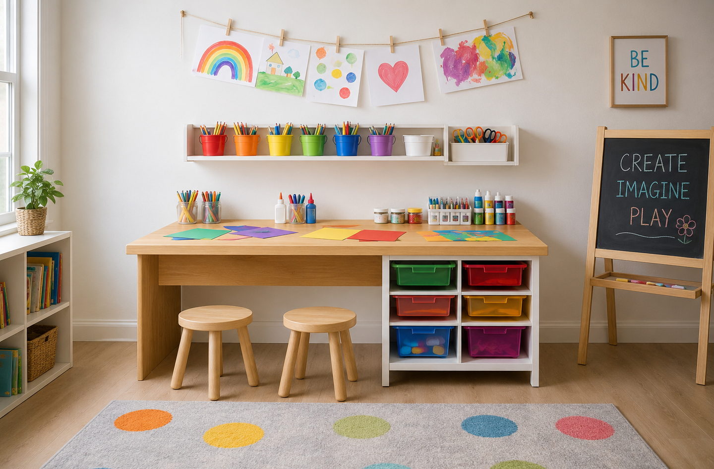 A light wood kids craft table with two matching stools, colorful storage bins and a wall shelf, with children's art projects hung on a string above the table.