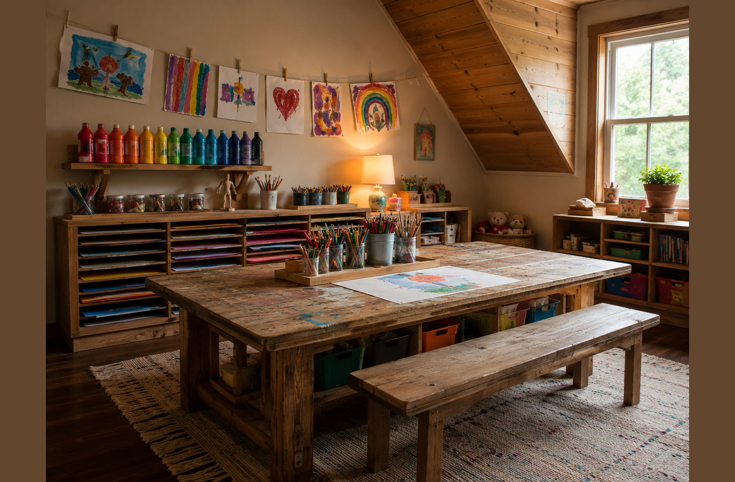 Kids artwork display ideas in an attic playroom: colorful children's drawings hung on the wall beside a wooden art table with benches and shelves of supplies.