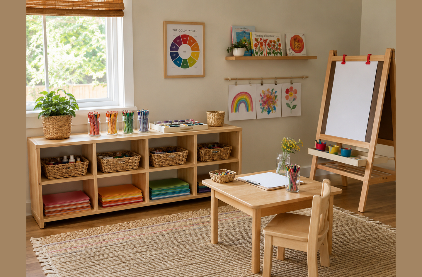 Kids art and craft station with a child-sized wooden table and chair set, a standing easel and an organized shelving unit in natural light