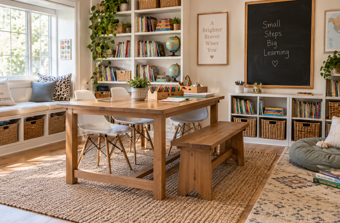 A wooden dining table with white chairs and a bench sits at the center of a bright homeschool room, with bookshelves of books and storage baskets and a large chalkboard on the wall.