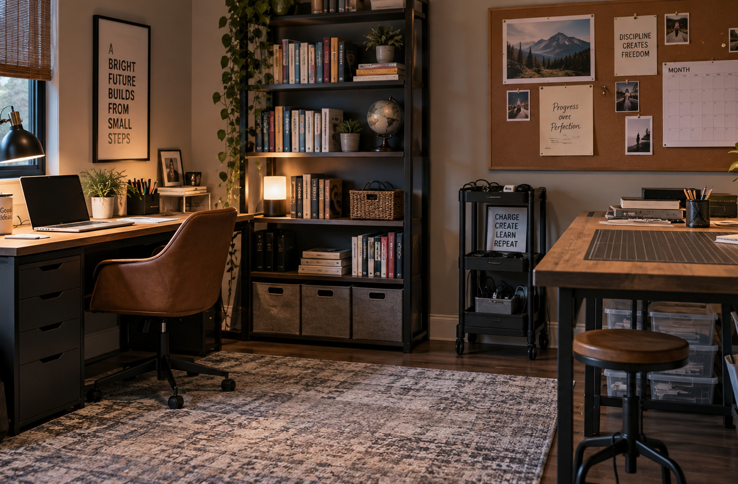 A shared home office and homeschool room with a wall desk and laptop on the left, a tall bookshelf with fabric bins in the center, a black rolling cart below a corkboard, and a second large worktable with a stool on the right.