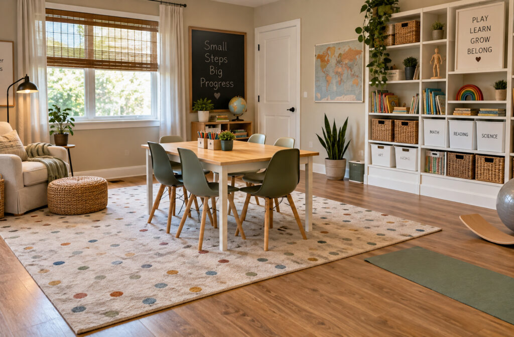 Homeschool learning zones in one room: a central wooden table with sage green chairs, labeled subject bins on tall shelves, a reading nook, a world map, and a chalkboard wall