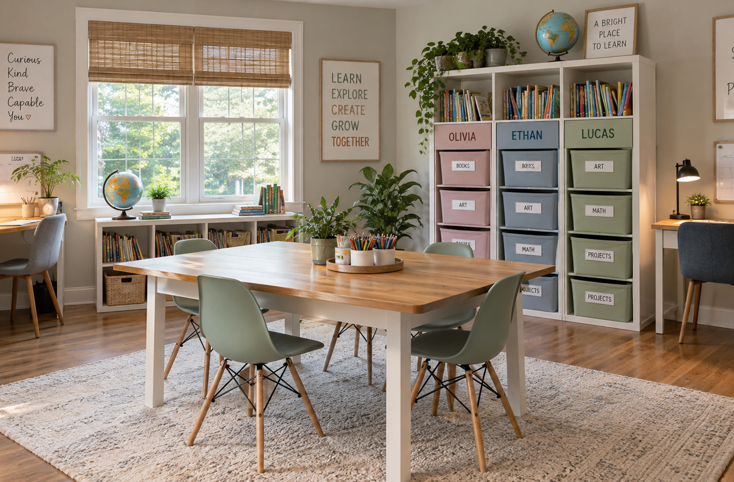 A homeschool room with a wooden worktable and sage green chairs in front of a tall white cube shelf, where each of three columns carries a child's name and holds colored fabric bins labeled for books, art, math and projects, with books and a globe on top.