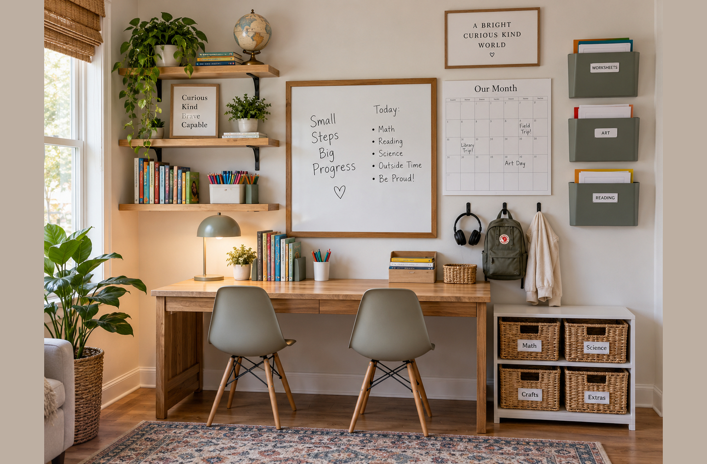 Homeschool room ideas for small spaces in practice: a long wooden desk with two gray chairs set against one wall, with a whiteboard, a monthly calendar, floating shelves and wall-mounted subject bins above it and a low cube unit of labeled baskets beside it.
