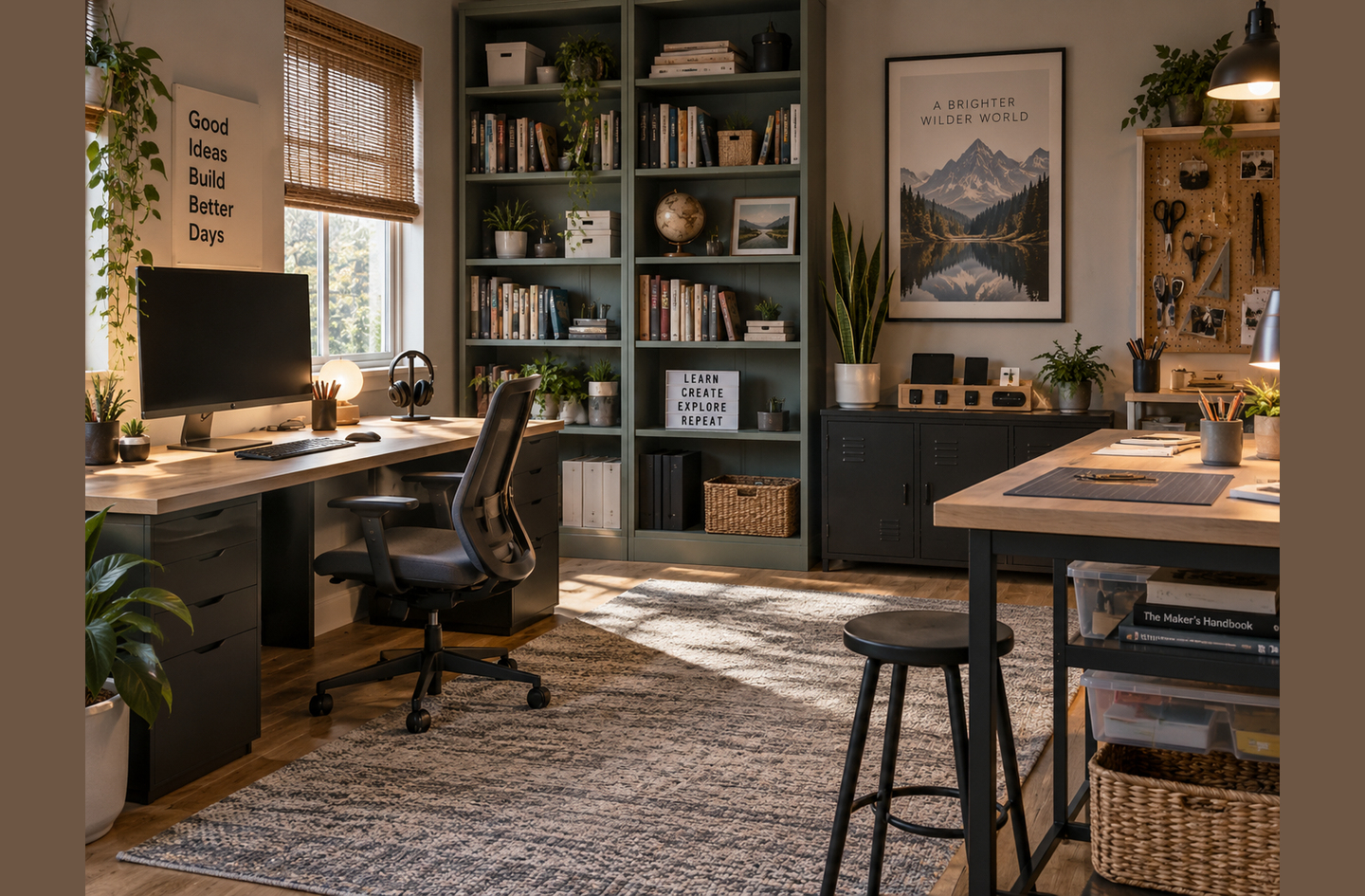 Homeschool learning zones with two workstations: a computer desk on one side and a project table on the other, tall green shelving, pegboard storage, and a neutral rug