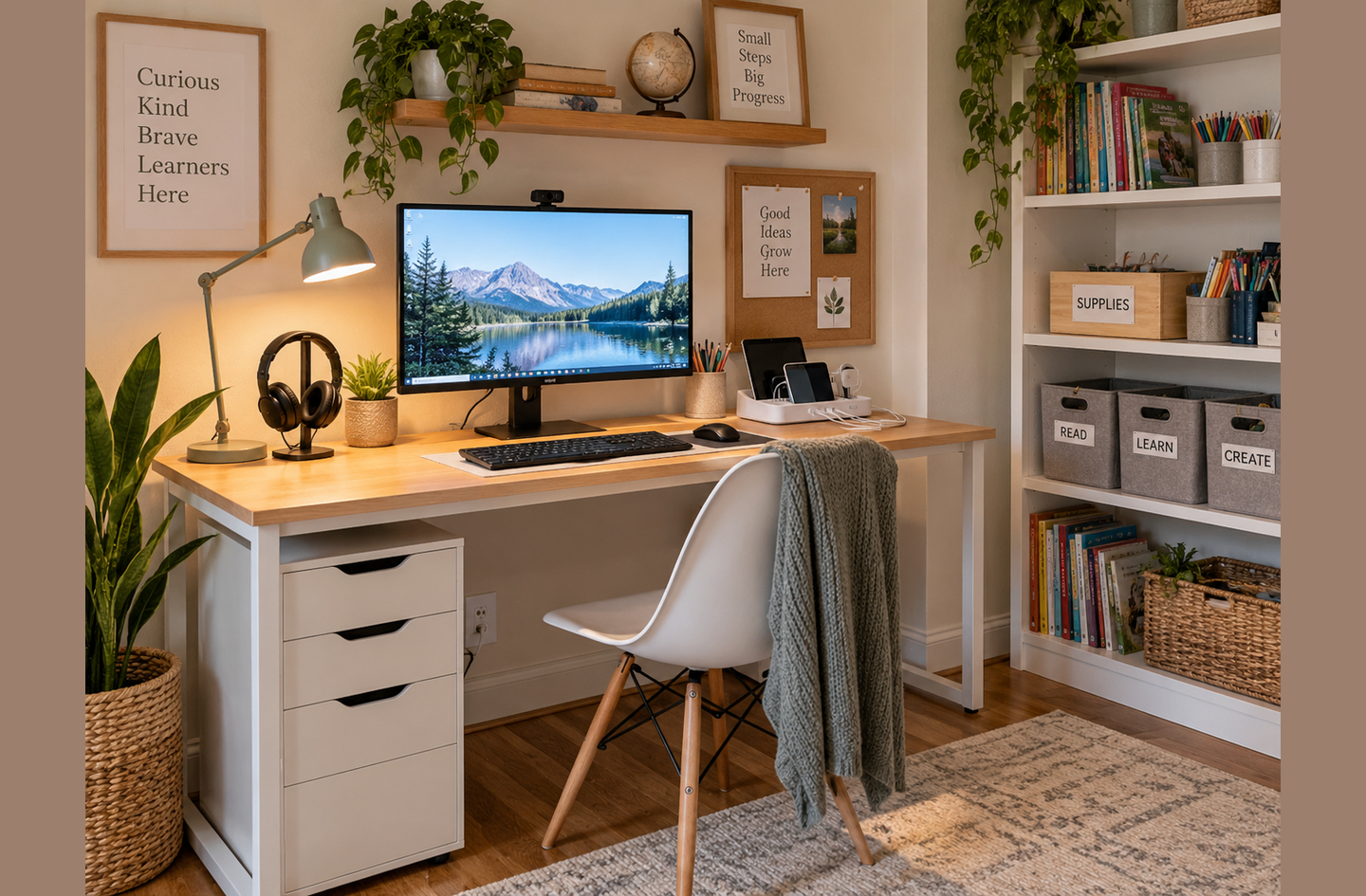 A screen-based homework desk with a monitor centered on the work surface, an adjustable desk lamp to one side, a charging dock, a drawer unit underneath and open shelving with labeled bins beside it.
