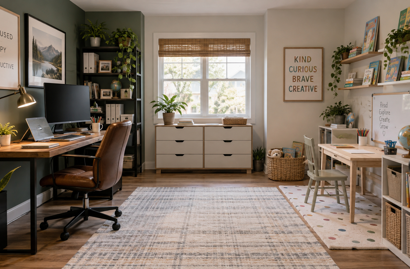 A shared room with an adult workspace on the left and a children's learning corner on the right, where a small wooden table and sage chair sit on their own dotted rug beside low cube shelves with baskets and a whiteboard.