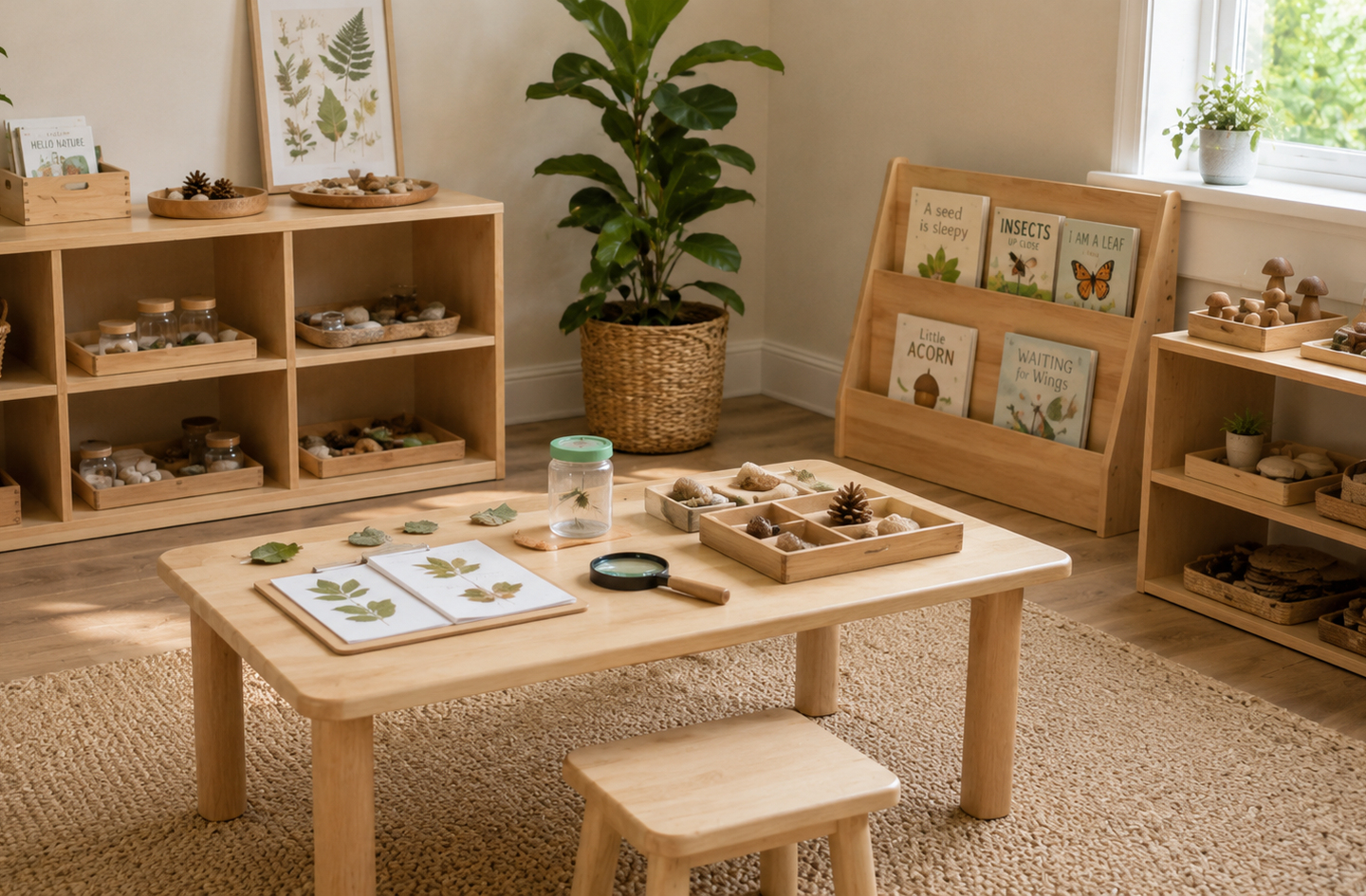 Montessori playroom with low wooden shelves, nature-themed learning activities, books, and an accessible child-height activity table